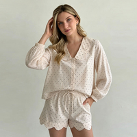 QINSI Pakaian Tidur Wanita Katun Nyaman Motif Polkadot Set Piyama Lengan Panjang Kancing Depan Celana Pendek Dengan Saku Baju Santai Baju Tidur