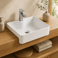 Wastafel Keramik Persegi Panjang Semi-Tersembunyi Semi-Terpasang dengan Satu Lubang Keran untuk Kamar Mandi