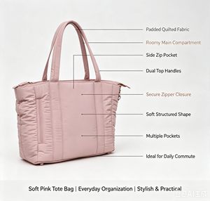 Sac fourre-tout matelassé personnalisable avec broderie de logo, plusieurs couleurs, fermeture éclair, options de matériaux disponibles, OEM - Product Image 1