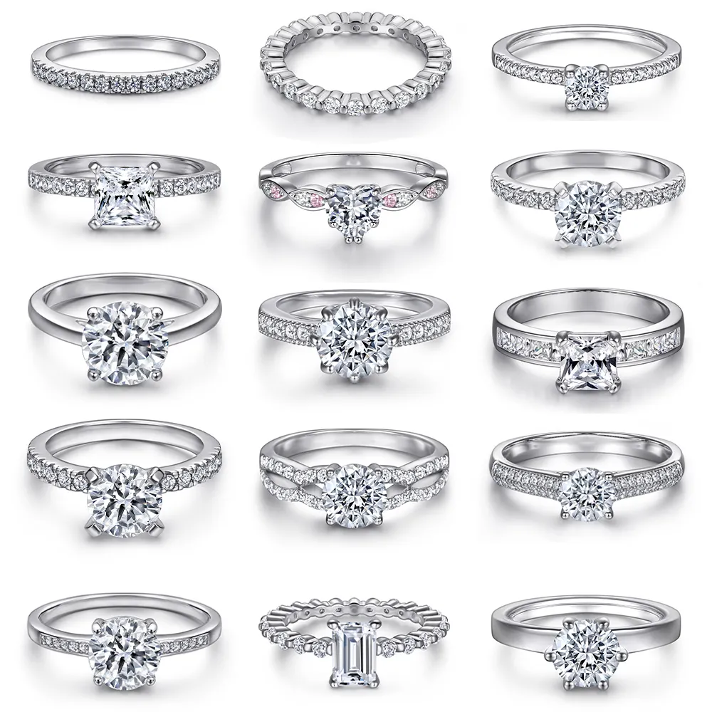 Perhiasan Wanita Klasik Cincin Perak 925 dengan Hati Cinta Mode Kristal Pernikahan & Pesta Cincin Lebar untuk Wanita Perhiasan Perak