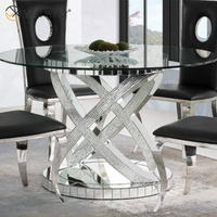 Vente en gros 2021 nouveau Design diamant écrasé rond argent meubles de salle à manger avec chaises table de table en verre trempé