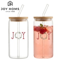 Ensemble de verres personnalisés en verre transparent de 16 oz, style bocal Mason, pour bière et boissons de Noël, avec couvercle en bambou et paille, design personnalisé, vente en gros