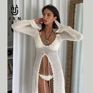 JSN ön yarık kısa elbise ile Ruffles Bikini Beachwear mayo kadınlar için seksi yaz örme örgü tığ plaj örtbas