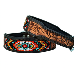 Collar de Perro de Cuero Hecho a Mano de Primera Calidad con Cuentas, Patrón Geométrico, Estilo Occidental, Cierre de Hebilla Acolchada, Uso en Todas las Estaciones, Resistente - Product Image 1