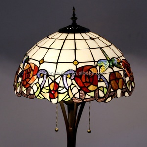 LongHuiJing 16Inch Tiffany Traditional Adjustable Height Turkey Pendant Light Vintage American Stained Glass <b>Red</b> Rose Pattern - Product Image 1
