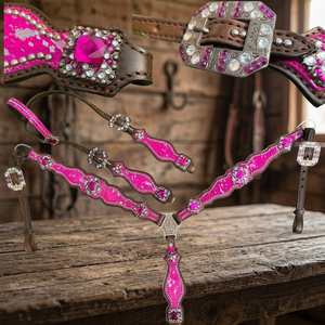 Conjunto de arreos para caballo de cuero genuino ligero, rosa intenso con manchas plateadas, incluye cabezada, pechopetral y silla de montar inglesa, de temporada - Product Image 3