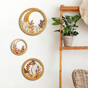 Lot de 3 sculptures murales en bois de bambou ajouré, style bohème géométrique, motif feuille végétale pastorale, pour décoration de salon, chambre, mariage et anniversaire - Product Image 4
