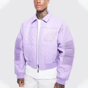 Jaket Bomber berlipat untuk pria longgar Anorak kulit PU pas kotak Lavender jaket musim dingin bordir kustom