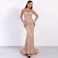 Robe de soirée longue de style bal pour femmes grandes tailles, à manches longues, col rond, paillettes, rouge, pour tapis rouge