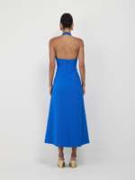 Robe longue personnalisée en gros, col halter, tissée unie, col en V, bretelles spaghetti, bleu, faux boutons, pour un tissu respirant et naturel