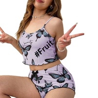 Nouvel ensemble décontracté deux pièces pour femme I-1117 : Haut à bretelles imprimé papillon et short taille élastique à col rond pour le printemps