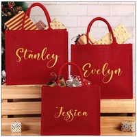 Sac fourre-tout personnalisable en faux lin rouge avec logo imprimé en feuille d'or pour Noël, anniversaire, fête, mariage, cadeau