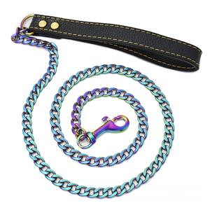 Guinzaglio infrangibile catena da addestramento per cani in metallo dorato con manico in pelle imbottito - Product Image 2