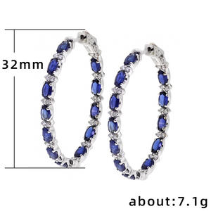 Boucles d'oreilles créoles bleues E568 en alliage de zinc plaqué argent, bijoux classiques pour femme avec pierres bleues et diamants ronds taille brillant - Product Image 6