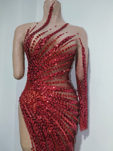 Abito da Sera Lungo Monospalla Rosso con Strass e Paillettes, Vestito da Donna con Spacco Alto per Feste in Club, Abito da Cerimonia per Festival - Product Image 4