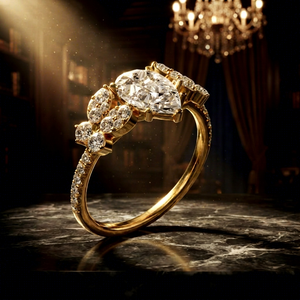 Bague de fiançailles et de mariage en or jaune avec diamant de laboratoire taille poire et grappe florale pavée pour femme - Product Image 1