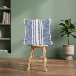 Funda de Cojín Cuadrada Moderna con Borde de Flecos de Algodón TNT Natural, Tejida a Mano con Rayas Azules Bordadas, Decoración para el Hogar y Sofá - Product Image 3