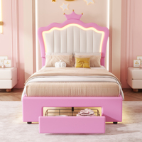 Lit capitonné moderne Willsoon pour filles, style princesse rose, avec tête de lit en forme de couronne, éclairage LED d'ambiance, tiroir de rangement, chambre d'enfant rembourrée