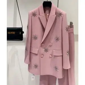 Boutique Wholesale 2024 Autumn High End Fashion Pink Suit Pants Celebrity Style Two Piece Women's Set