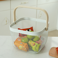 Cesta de frutas com alça de madeira, cesta multifuncional japonesa de estilo europeu, branco e de metal