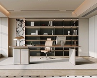 Bureau d'étude moderne blanc en forme de L avec bibliothèque en bois massif et bureau informatique
