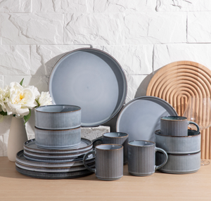 Factory Direct Custom Ribbed Stoneware <b>Dinner</b> <b>Set</b>, Mist Blue Vintage Ceramic Tableware Bulk Wholesale for Restaurant Hotel - Product Image 5