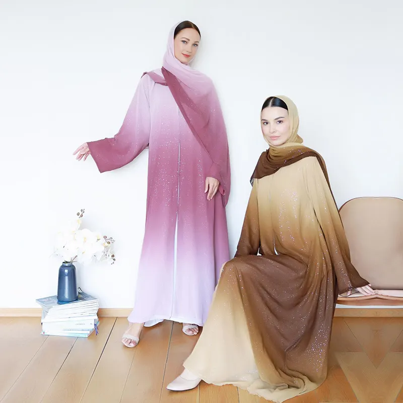 Último diseño Dubai musulmán ombre abaya kimono gradiente brillo gasa tela abierta abaya vestido con un chal a juego gratis