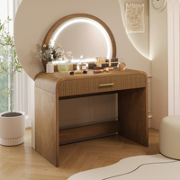 Coiffeuse moderne en bois avec miroir semi-circulaire éclairé par LED et tiroir pour station de maquillage de chambre