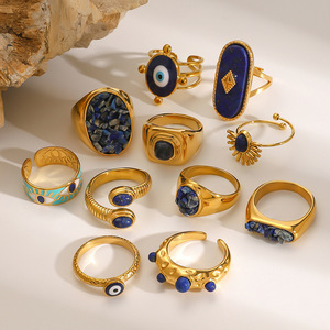 JZ001 Vintage Boho <b>Ring</b> | 18K Gold Plated Stainless Steel With Blue <b>Cat</b> Eye & Jade | Bridal & Everyday Jewelry - Product Image 5