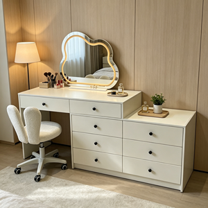 Coiffeuse moderne blanche avec miroir LED en forme de nuage, armoire de rangement et chaise pour chambre à coucher - Product Image 1