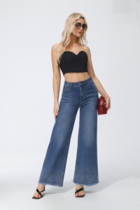 Jeans a Vita Alta e Gamba Larga con Decorazioni di Paillettes Vestibilità Comoda Lunghezza Intera Stile Casual Effetto Stonewashed - Product Image 4
