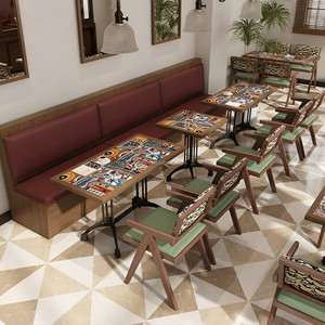 Table de restaurant pliable en tuiles patchwork vintage colorées, chaise en noyer perforée ajourée, petit mobilier de café occidental, vente en gros - Product Image 2