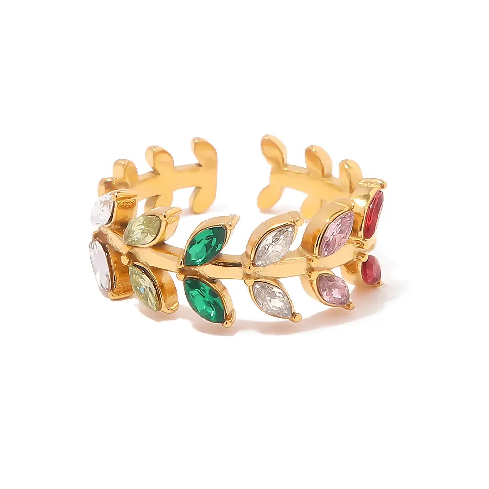 DUYIZHAO New Arrival Stainless Steel Jewelry 18K Gold Plated Pink Red Clear Green CZ Paved Leaf Fashion Jewelry Open Rings Women