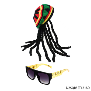 Conjunto Retro Rastafari de los 90 de PESENAR - Gorro de Punto con <span class=keywords><strong>Trenzas</strong></span>, Gafas de Sol Cuadradas Doradas - Product Image 2