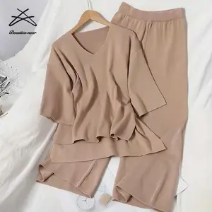 2022 Spring Ladies 2 Pieces Set Split Loose Short Sleeve V Neck Top High Waist Wide Leg Trousers Sets Women Knitted Sweater Suit