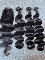 Lot de 3 Bundles de Cheveux Humains Indiens Bruts Vierge, Ondulés Profonds Brésiliens, Alignés sur les Cuticules, avec Closure en Dentelle