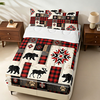 Parure de lit rustique style campagnard avec motif patchwork à carreaux buffle et ours, drap-housse zippé et 2 taies d'oreiller