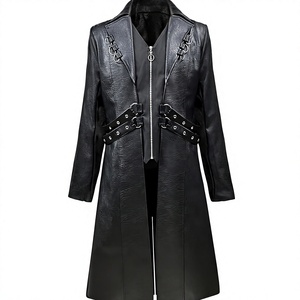 <b>Men</b> Genuine Leather <b>Long</b> Trench <b>Coat</b> Notched Lapel Zipper Closure With Belt Regular Fit - Product Image 1