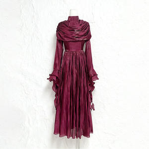 ZYHT 70109 Abiti Plissettati Chic all'Ingrosso, Vestiti con Colletto Alto in <span class=keywords><strong>Organza</strong></span> a Maniche Lunghe, Abiti Eleganti Autunnali, Vestito <span class=keywords><strong>Lungo</strong></span> da Donna - Product Image 2