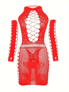 Robe moulante en résille ornée de strass pour femme, col halter papillon ajouré avec gants - Product Image 6