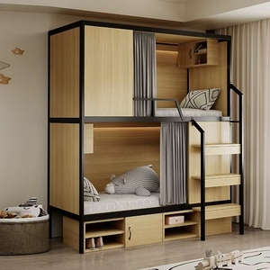 Letto a Castello Moderno con Struttura in Legno, Armadio Contenitore e Tenda Privacy - Letto a Castello Personalizzato per Dormitorio, Hotel e Appartamenti - Product Image 1