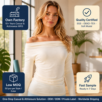 Haut doux pour femme à épaules dénudées, col large plissé, manches longues froncées, vente en gros, fabrication OEM