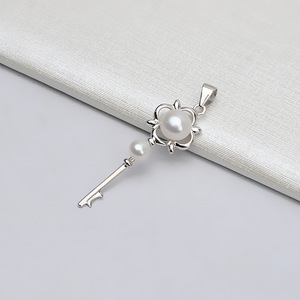 Pendentif clé en argent S925, plateau vide double perle 5-6 mm, accessoires de bijoux tendance pour femme, composants de fabrication de bijoux DIY - Product Image 1