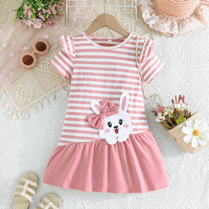 ชุดเดรสเด็กผู้หญิงลำลองน่ารักพิมพ์ลายกระต่ายน่ารักคอกลมแขนสั้นจับจีบพร้อมโบว์สำหรับเด็กอายุ 3-7 ปีฤดูร้อนทรงเอ-ไลน์ - Product Image 1