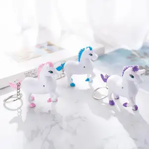 Custom 3D White Unicorn Led Light Keyring With Sound For Children Kids Toys Gift Lovely Cartoon Horse Keychain Key Chains