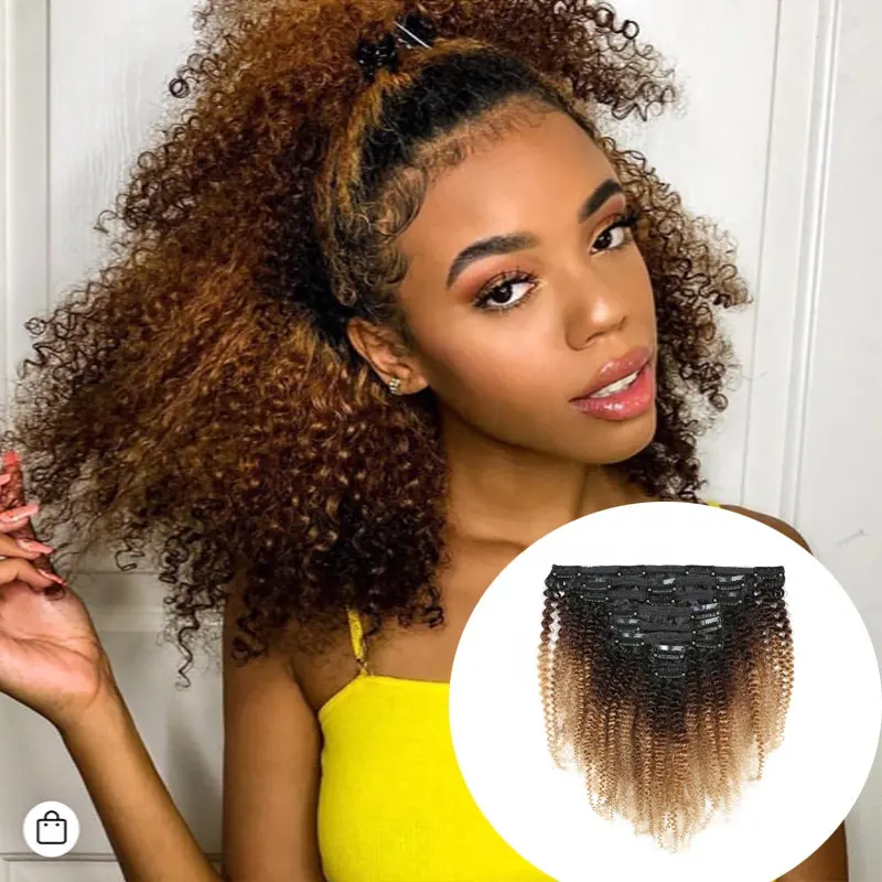 Remy afro, cabelo encaracolado invisível sem costura cor natural 7 peças/conjuntos grampo extensões de cabelo humano para mulheres negras