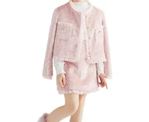 Fashionable Champagne Kids Short Skirt Set Embroidered Mesh Girls Velvet Two Piece Tweed Suit