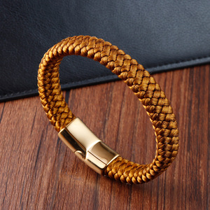 Bracelet unisexe en acier titane et cordon en nylon, design tressé en acier inoxydable doré - Product Image 1