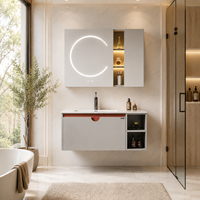 Meuble-lavabo mural gris mat minimaliste avec miroir LED intégré, étagères ouvertes, vasque intégrée et rangement compartimenté