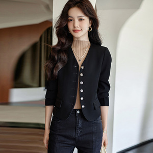 Women's Black Blazer Short Style Solid Color Polyester Wool Blend Spring Autumn Wear - Product Image 3